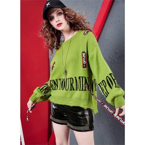 2019 Winter Korean Sweaters Women Lantern Sleeve Cotton Office Lady Women Pullovers Letter O-Neck Girls Casual Sweaters Hoodies