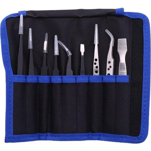 9 Pcs Tweezers Set Stainless Steel Anti-Static Precision Tweezers for Electronic Mobile Phone Repair Tools Hand Tools Retail