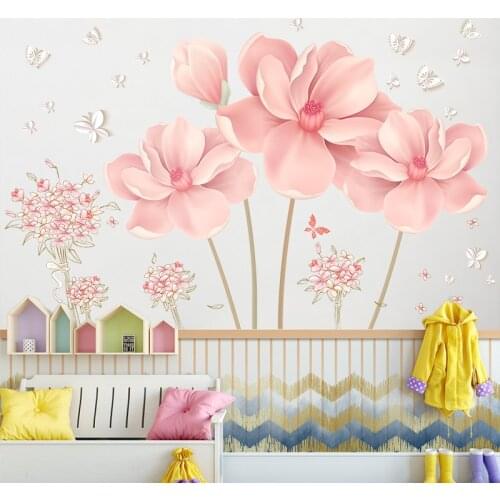 Large 3D Pink Flower Wall Stickers Romantic Flowers Home Decor for Bedroom Living Room DIY Vinyl Wall Decals