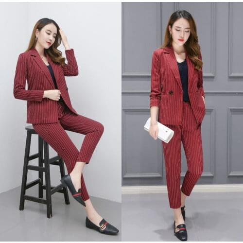 Burgund Outfits Autumn Work Pant Suits 2 Piece Sets Double Breasted Striped Blazer Jacket & Zipper Pant Office Lady Suit Women