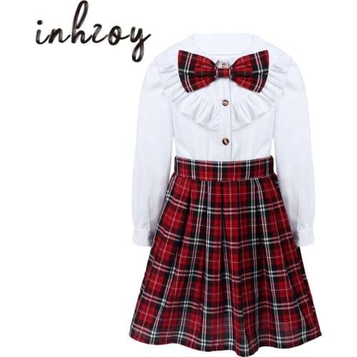 Kids Girls British Style School Uniforms Japanese Anime Cosplay Student Costume Cotton Shirt Pleated Plaid Skirt Tieknot Sets