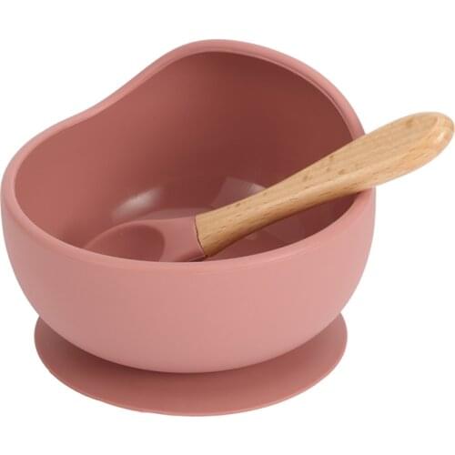 Baby Silicone Feeding Dinnerware Wooden Spoon Suction Bowl Baby Plate Kids Toddler Assist Set BPA Free High Quality Silicone