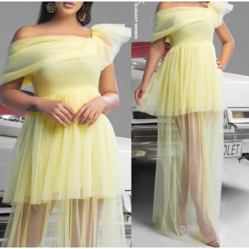 Elegant Long Yellow Muslim Prom Dresses Tulle Zipper Back Pleated Tulle Robe De Soiree Floor Length Formal Party Gown