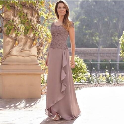 Elegant Sheath Dust Rose Chiffon Lace Top Short Sleeve Mother of the Bride Dresses Jewel Neck Mother of the Groom Gowns Back Out