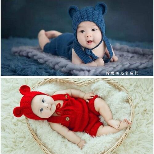 Baby Photo Costume Clothes Newborn Girls Boys Photography Prop Crochet Knit Overall Bib Pants + Bear Hat 2 PCS Sets Wool Outfits