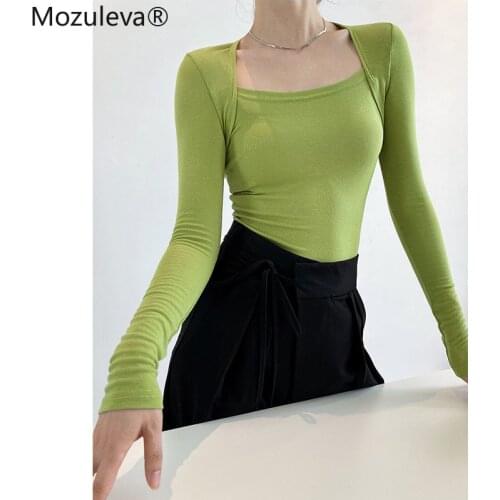 Mozuleva Summer Autumn Fake Two-piece Female Green T Shirts Casual Skinny Bodycone Tees Women Sexy Cotton long sleeve T Shirts