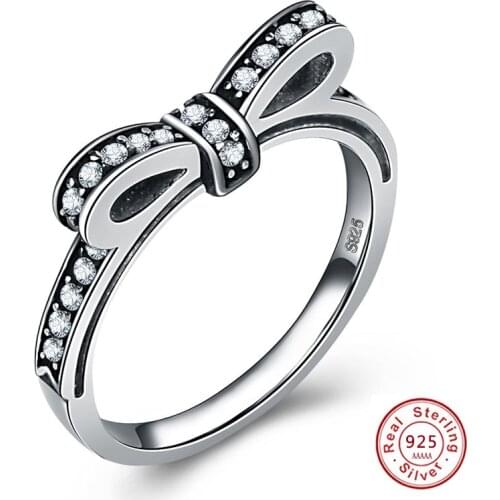 HOT Solid Silver color Sparkling Bow Knot Stackable Ring Micro Pave CZ for Women Valentines Day Gift Jewelry