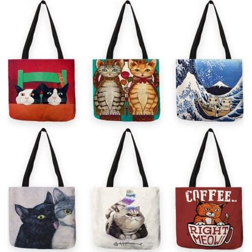 Creative Cat Print Shopping Bags Large Capacity Womens Tote Handbags Designers Japanese Style B13005