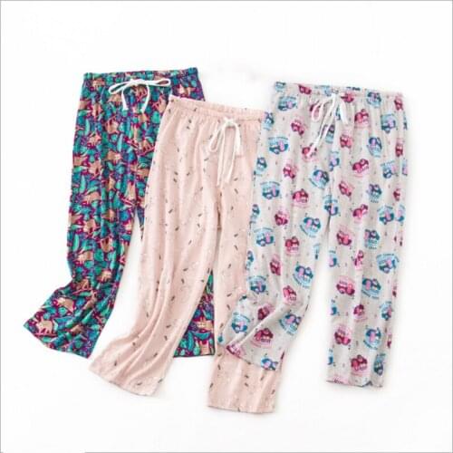 2021 Summer Women 100% cotton sleepwear bottoms Female Casual Loosen plus size nighty trousers Ladies Cartoon Calf-length pants
