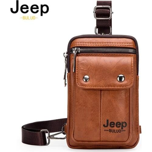 JEEP BULUO Split Leather Male Waist Pack Phone Pouch Bags Multi-function Waist Bag Mens Small Chest Shoulder Belt Bag Back Pack