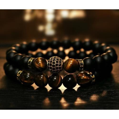 2pcs/set Men Bracelet 2020 Fashion New Pave Cz Ball Tube Crown Charm 8mm Stone Bead Bracelet For Men Jewelry Gift