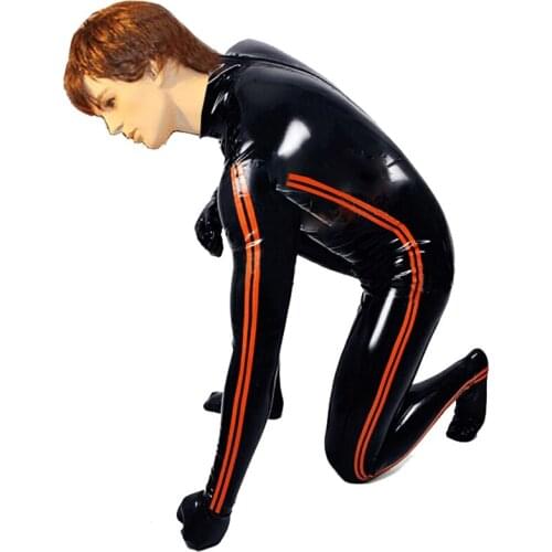 Men Latex Catsuit With Side Strips Socks Attached And Gloves Separated Rubber Fetish Bodysuit S-LCM099