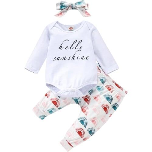 Autumn Infant Girls Boys Fashion Clothes Set 2pcs Suit Baby Letter Romper Tops+Sun Printed Pants Headband Sets Baby Clothes