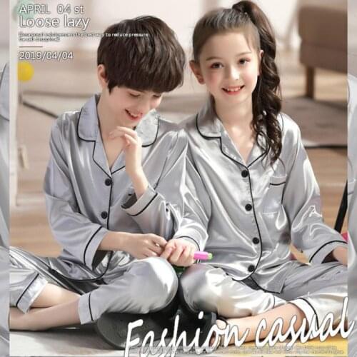 1 set 8-16 Years New Childrens Summer Spring Autumn Silk Satin Pajamas Sets Long Sleeve Sleepwear Nightwear For Boys And Girls