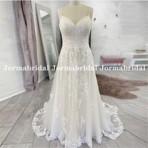 White Ivory Beach Wedding Dresses Elegant Lace Appliqued Tulle Boho Bridal Dress 2021 Spaghetti Straps Princess Women Party Gown
