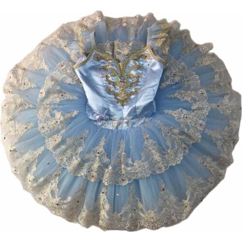 Adult Professional Ballet Tutu Light Blue Gold Women A Shape Performance Ballet Tutu Dress Professional Ballet Stage Costume
