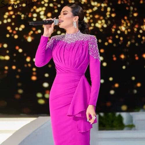 Serene Hill Fuchsia Luxury Beaded Ruched Mermaid Evening Dress 2021 Modest For Muslim Women Formal Party Gown CLA71004