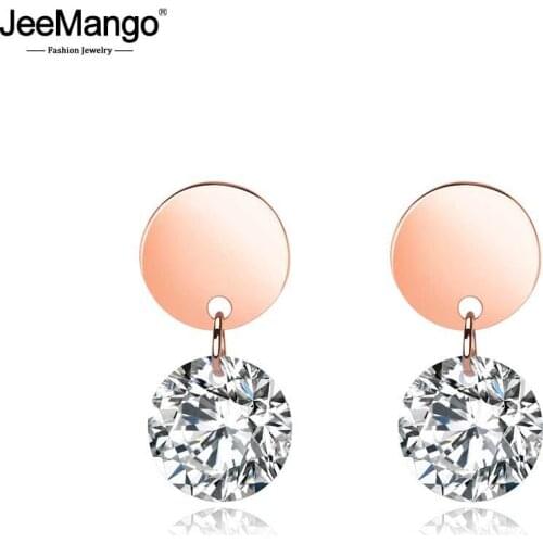 JeeMango Titanium Steel Rose Gold Stud Earrings For Women Geometric Circular Cubic Zirconia Earrings Jewelry Brincos JE19154