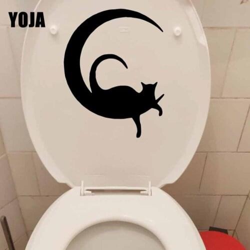 YOJA 18.2X23.4CM Cat Kitten Kitty On Crescent Moon Toilet Sticker Wall Decal Room Decor T5-0253