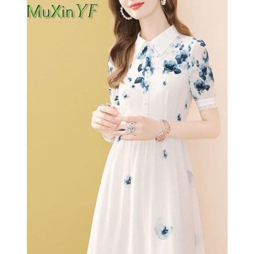 Women White Print Slim Chiffon A-Line Dress Summer 2021 Office Lady Graceful Pearl Peter Pan Collar Dresses Elegant Gifts Female