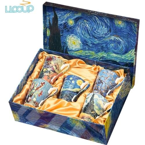 Famous Painting Mug Ceramic of China Bone Afternoon Tea Cup with 5 Cups & Giftbox 400ml Coffee Milk Drink Cup Gift for Friends