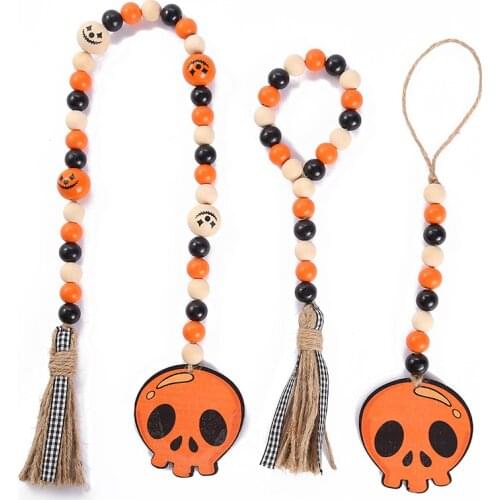 3Pcs Halloween Wooden Bead Set Wreath Pumpkin Pendant Hemp Rope Tassel Party Pendant Holiday Sign Wall Door Decoration