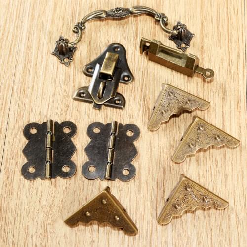 1 Set Antique Wooden Box Latch Hasp&Pull Handle Knob&Cabinet Hinges+Corner Protector+Old Chinese Lock Furniture Hardware