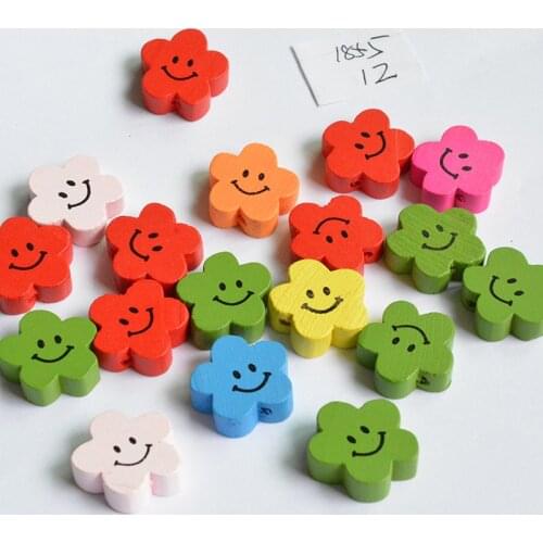 Wooden Cartoon 10Pcs Flower Smiling Face Wood Beads DIY Pacifier Clip & Jewelry For Children Kids Beads Craft 006