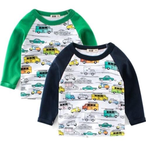 Autumn Spring Kids Long Sleeve T-shirts Cotton Tops Boys Girls Cartoon Car Tees Tops Children Sweatshirts 2-9Years New