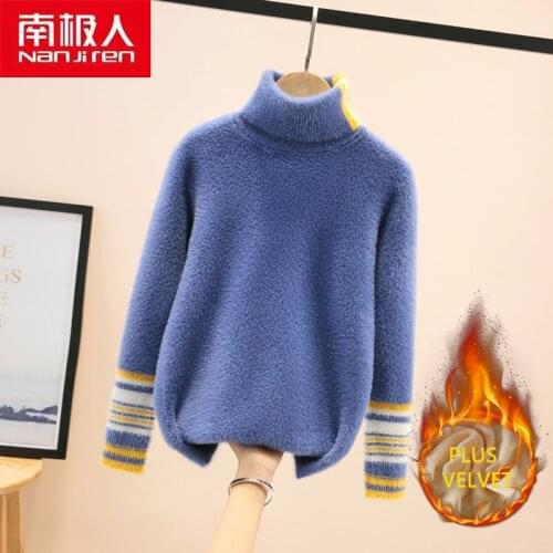 Nanjiren Children Clothing Kids Sweater Casual Full Sleeve Solid Color Cotton Turtleneck Plus Velvet Pullovers Sweater