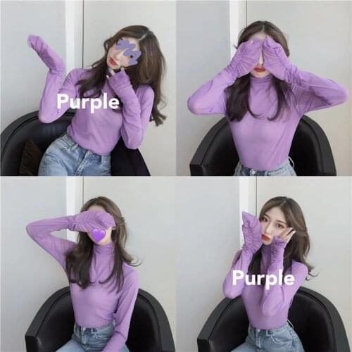 Sexy Women T Shirt See Transparent Mesh Top Long Sleeve Sheer Slim Ladies Turtleneck T-Shirt New Women purple tee Harajuku vegan