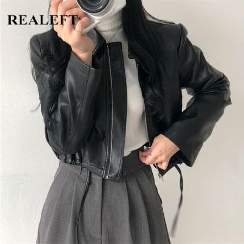 REALEFT Autumn Winter PU Faux Leather Womens Jacket 2021 New Zipper Loose Biker Short Jackets Loose Coats Female Outwear Tops