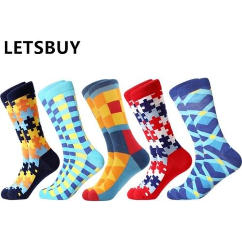 LETSBUY drop shipping 5pairs/lot geometry pattern gift socks colorful men women funny combed cotton tube socks