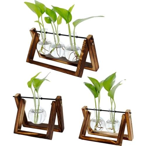 Fashion Creative Hydroponic Plant Transparent Vase Wooden Frame Vase Decorations Glass Tabletop Plant Bonsai Decor Flower Vase