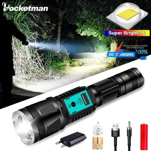 Powerful USB DC Charging Flashlight Zoomable Flashlight 5 Modes Torch T6 LED Flashlight Use 18650 Battery Waterproof Torch