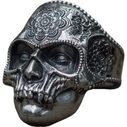 Men Vintage Skeleton Ring Retro Engraved Flower Skull Finger Ring Band Fashion Cool Biker Jewelry Dance Hall Wear Size 7-14