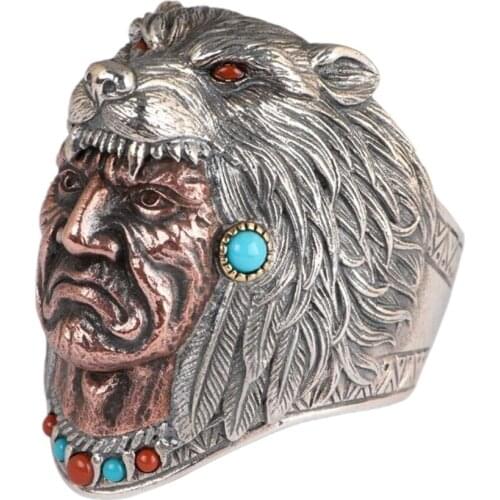 BOCAI Real S925 pure silver jewelry mens fashion wolf head Satan ring Thai silver agate turquoise man ring