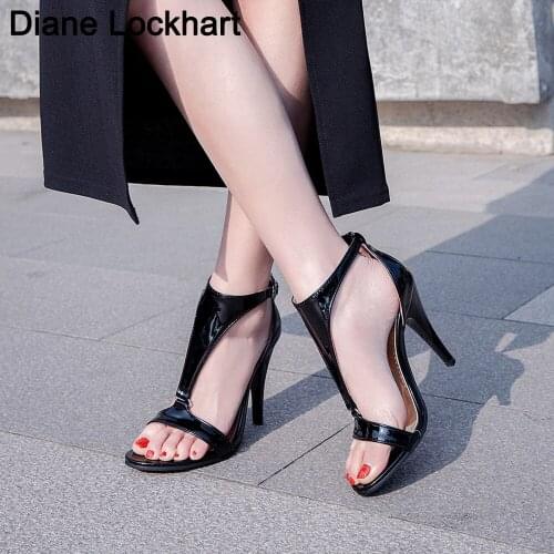 Fashion NEW Silver T Strap Stiletto Heels Open Toe Sandals for Women Summer Buckle Strap Gladiator Sandals High Heels Shoe Black