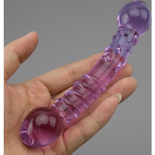 New Double Ended Crystal Purple Pyrex Glass Dildo, Artificial Penis Granule and Spiral G Spot Simulator Adult Sex Toys for Woman