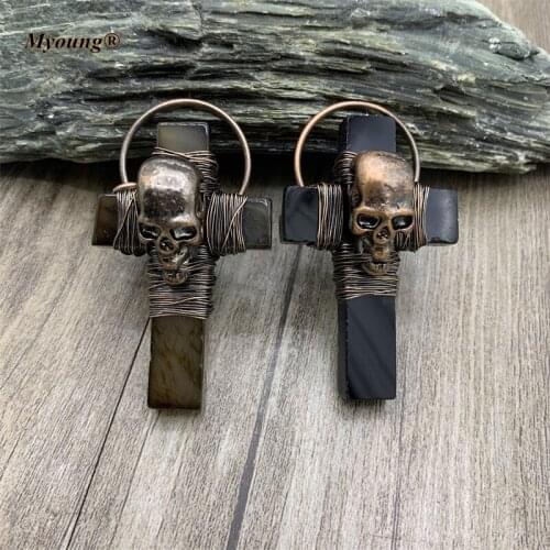 Wholesale BOHO Bronze Wiring Agates Skull Cross Necklace Pendant For DIY Jewelry Making MY210804
