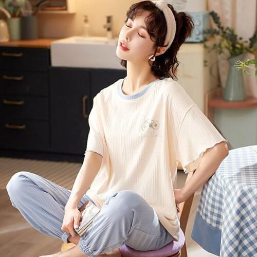 Pajamas Womens 2021 New Pure Cotton Short Sleeved Trousers Lovely Thin 2Pcs Suit Spring Autumn Home Clothes Female Sleepwear