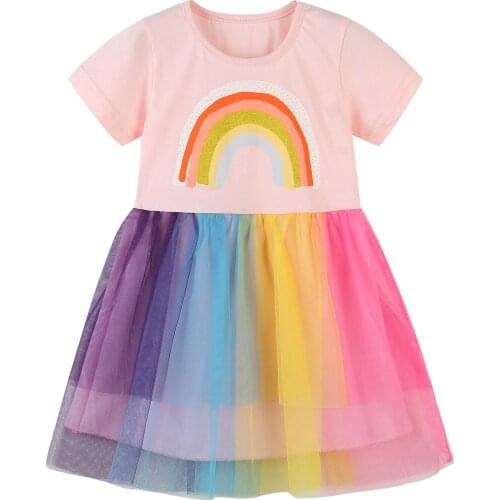 Kids Tulle Lovely Dress Rainbow Print Round Neck Short Sleeve One-Piece Princess Dresses for Summer Pink White 2-7 Years