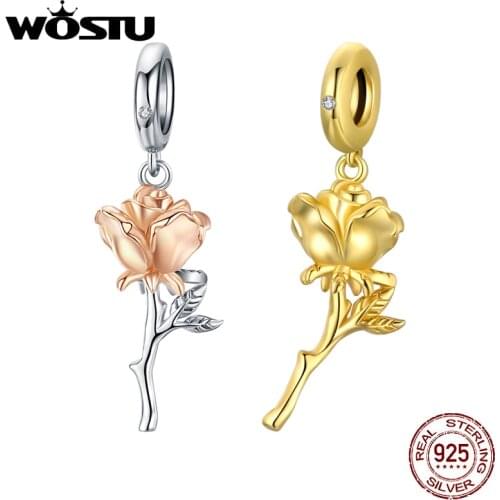 WOSTU Real 925 Sterling Silver Rose Flower Charms Fit Original Bracelet DIY Necklace Pendant Wedding Luxury Jewelry CTC145