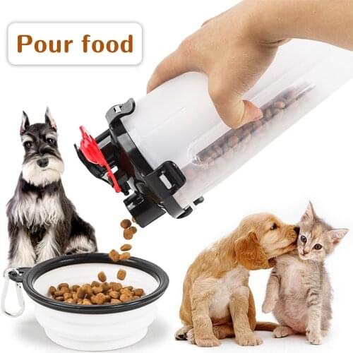 Portable 2 in 1 Pet Water Bottle Food Container With Folding Silicone Pet Bowl Outdoor Drinking Dispenser Cat Puppy Feed Bowl