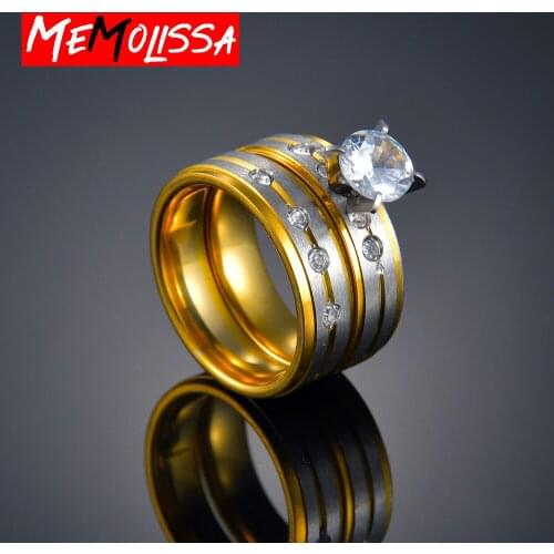 Simple Stainless Steel Wedding Ring For Women Men Never Fade Gold Color Female Male Classic Crystal Engagement Alliance Ring Set