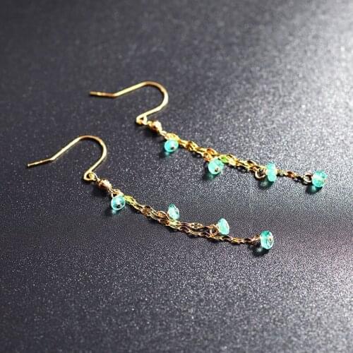 DMBS429 18K Gold Genuine Gemstones Emerald Earline Female Long Simple Earrings Genuine Earrings