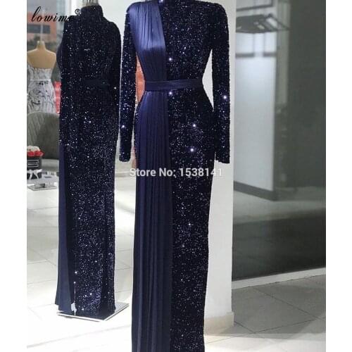 Plus Size Muslim Formal Evening Dresses 2020 Long Sleeves Sexy Evening Gowns Sparkly Sequins Prom Dresses Women Party Night Robe