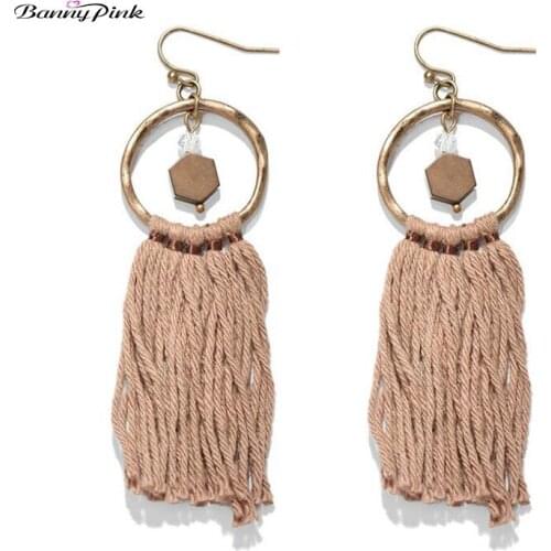 Banny Pink Bohemia Cotton Tassel Earrings For Women Ethnic Alloy Circle Stone Maxi Pendant Dangle Earring Vintage Fringe Earring