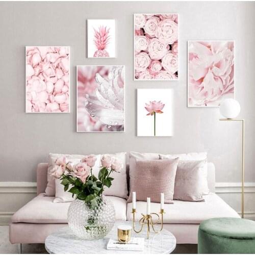 Pink Pineapple Rose Lotus Flower Wall Nordic Botanical Floral Print Scandinavian Canvas Painting Contemporary Art Picture