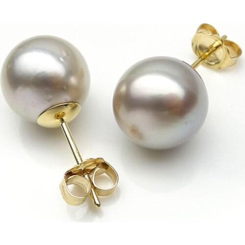 9.5-10mm Natural Color Genuine Tahitian Pearl Ear Stud Earrings 9k Solid Yellow Gold